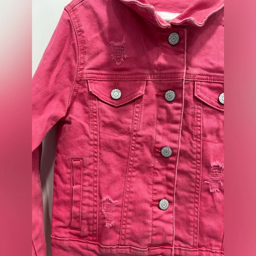 OLD NAVY Pink Distressed Denim Jacket SIZE 8 Girls Pockets Buttons Pre Loved